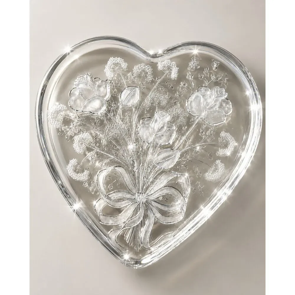 Large Heart Shaped Frosted Rose Glass Platter 13